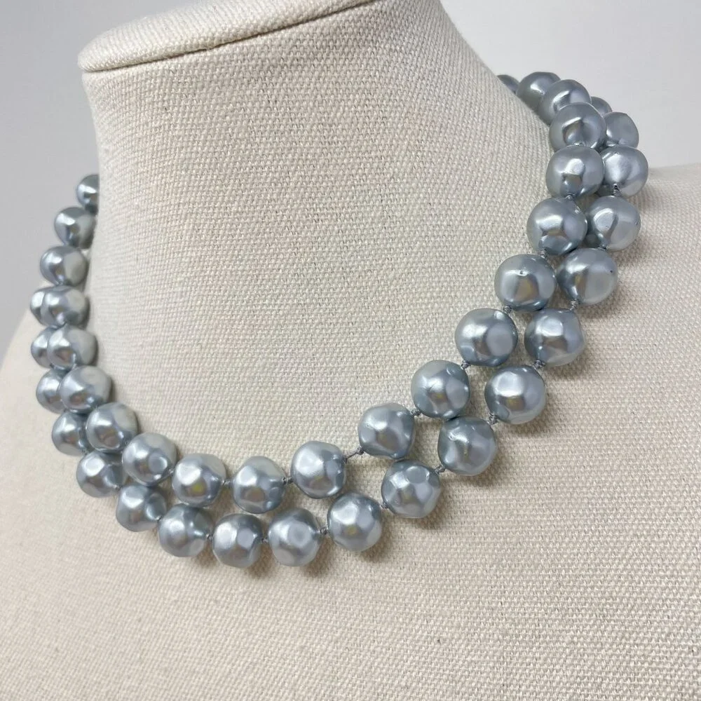 Vintage Marvella Double-Strand Gray Faux Pearl Necklace Gold-Tone‎ Bow Closure
